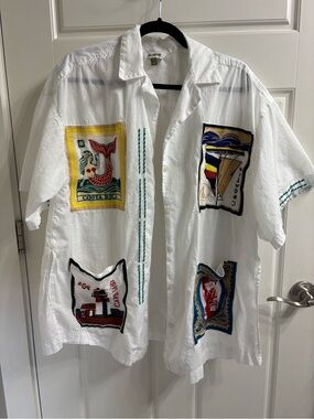 Celandine Embroidery Patchwork Short-Sleeve Button-Down Shirt - White